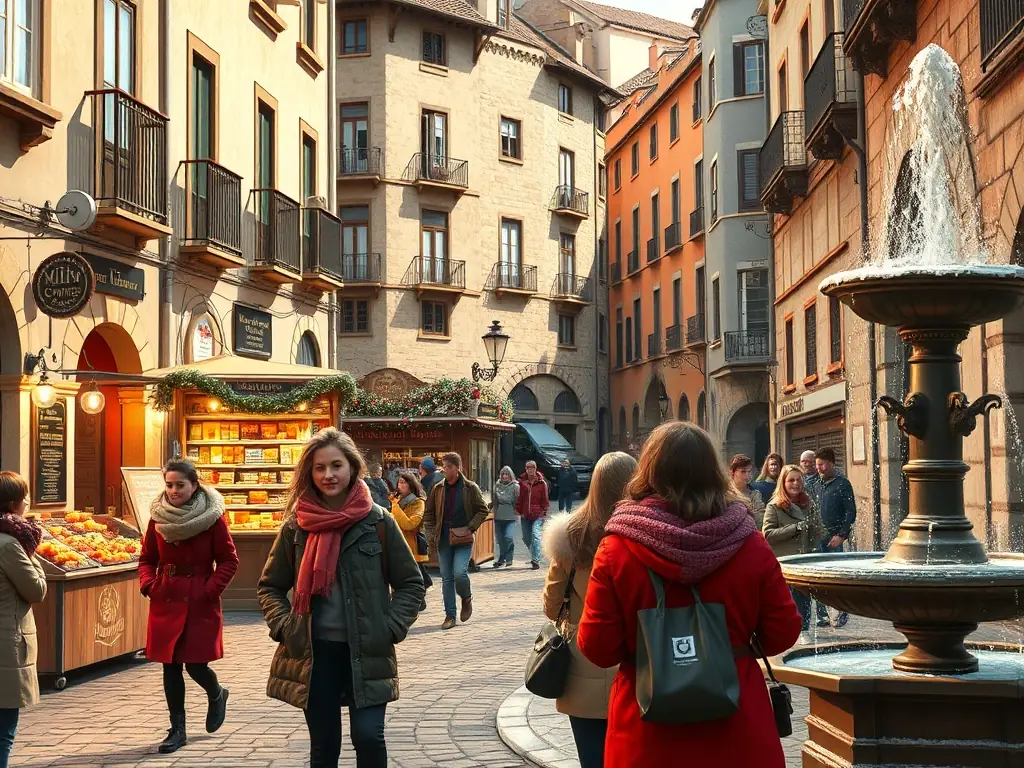 A cozy winter scene with students in warm attire exploring a historic Spanish city, attending a music workshop, and sharing laughter over hot chocolate in a festive setting.