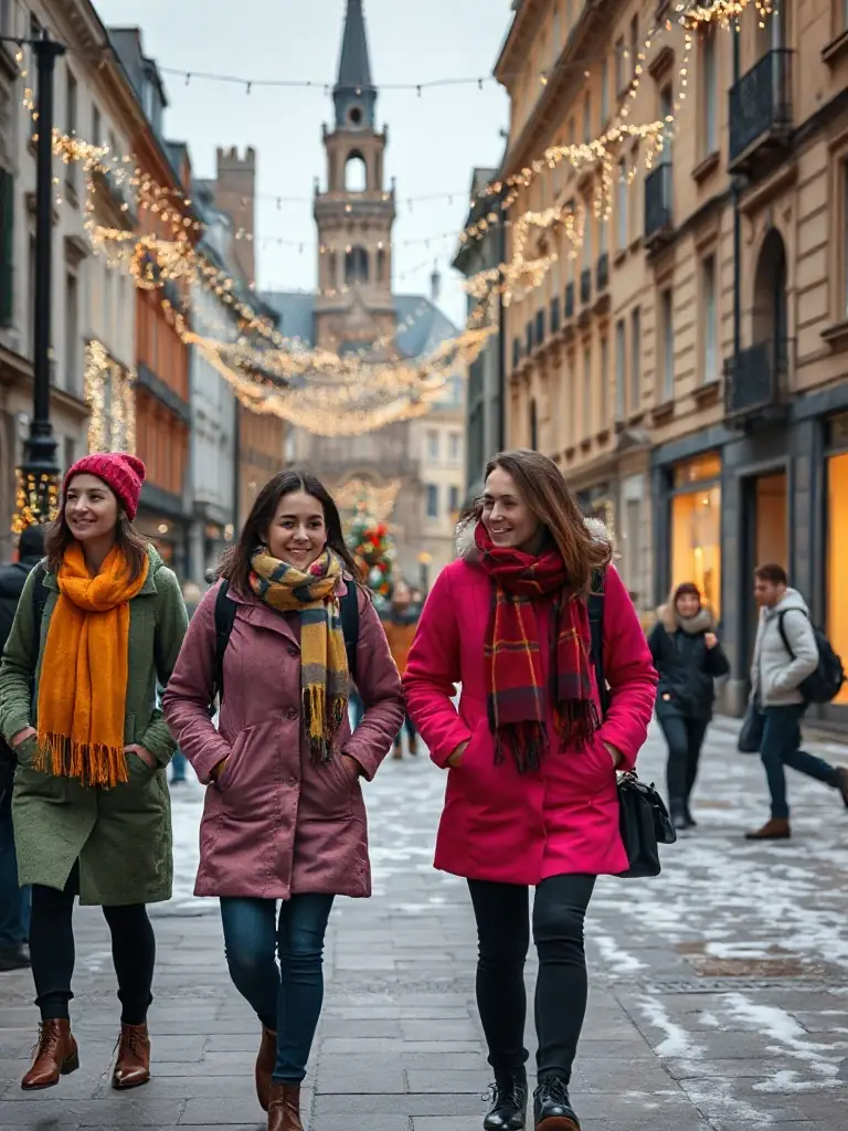 A cozy winter scene with students in warm coats exploring a festive European city square, twinkling lights and historic buildings, capturing the spirit of winter educational adventures.