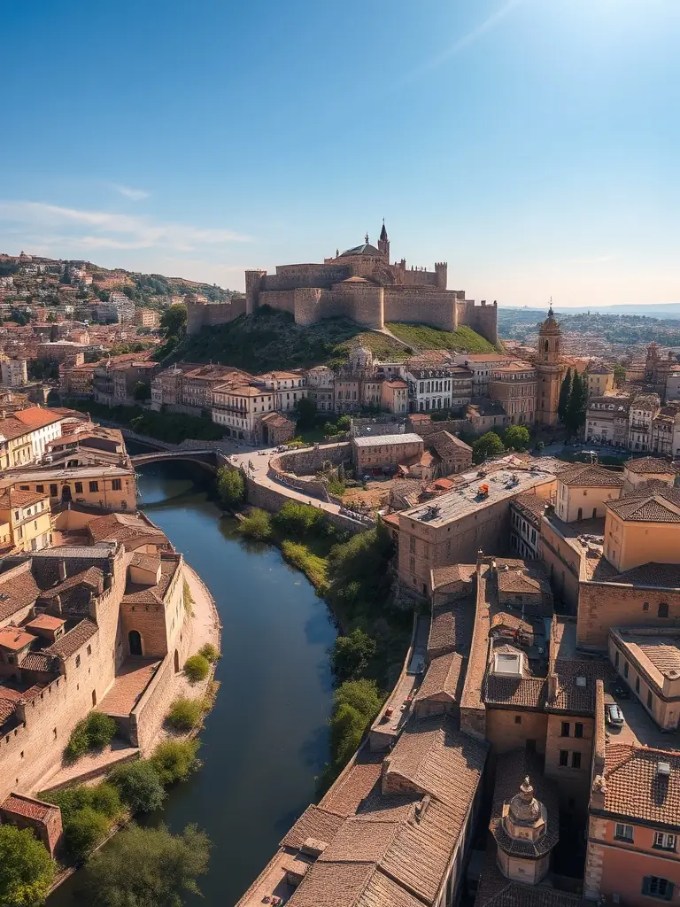 A sweeping aerial shot of Toledo’s medieval skyline, with the Alcázar fortress and the winding Tagus River, under a clear blue sky, emphasizing its layered Christian, Jewish, and Muslim heritage.