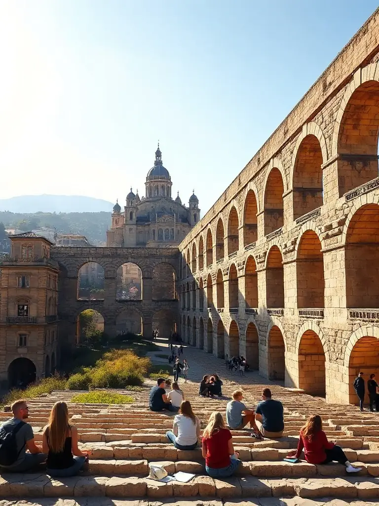 A sunlit view of the Roman aqueduct in Segovia, with local students gathered nearby, the city’s cathedral and castle visible in the distance, for an educational and cultural context.