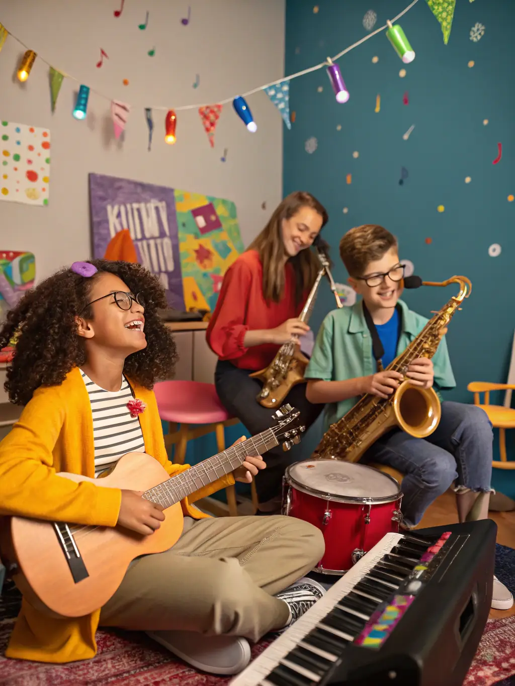 Young musicians and artists collaborating in a bright, modern studio, surrounded by musical instruments, easels, and vibrant artwork, reflecting creativity and international collaboration.