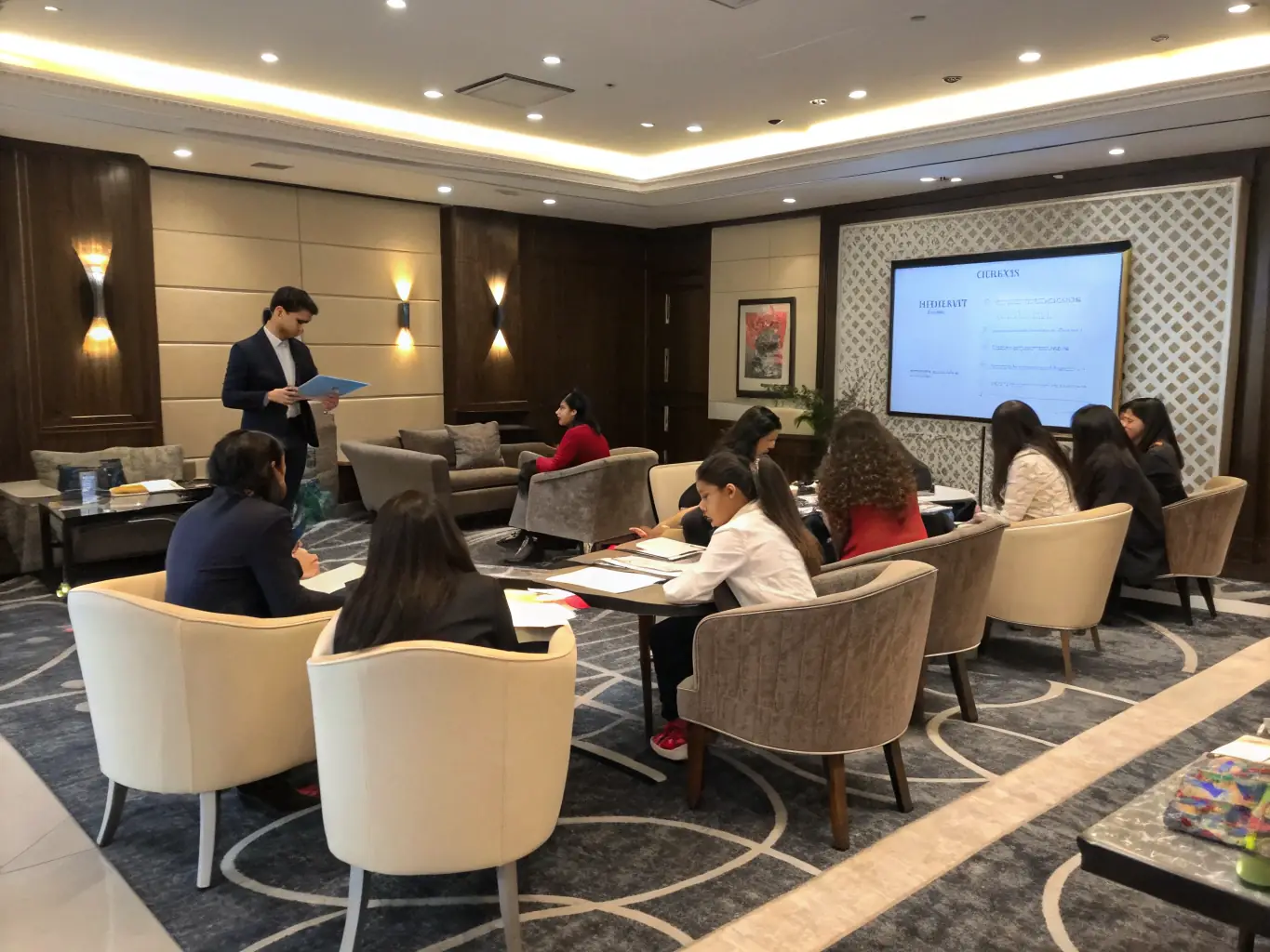 A dynamic image of students participating in a leadership workshop, presenting ideas on a digital screen, with supportive mentors and peers, highlighting personal growth and future skills development.
