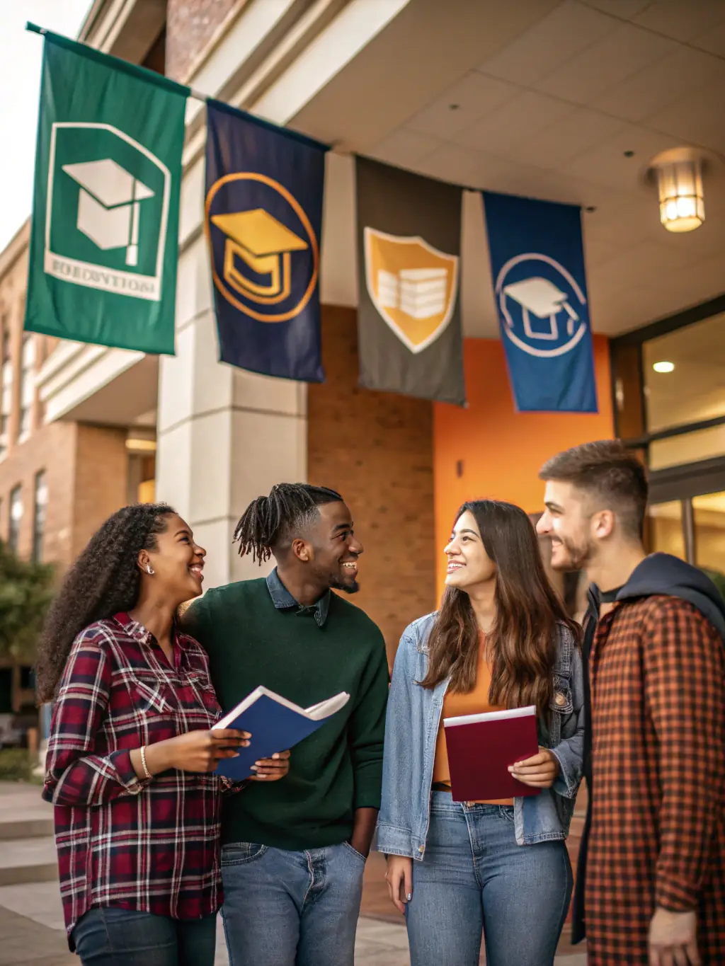 A group of diverse international students smiling together on a university campus with European architecture, dressed in smart-casual attire, representing global community and connection.