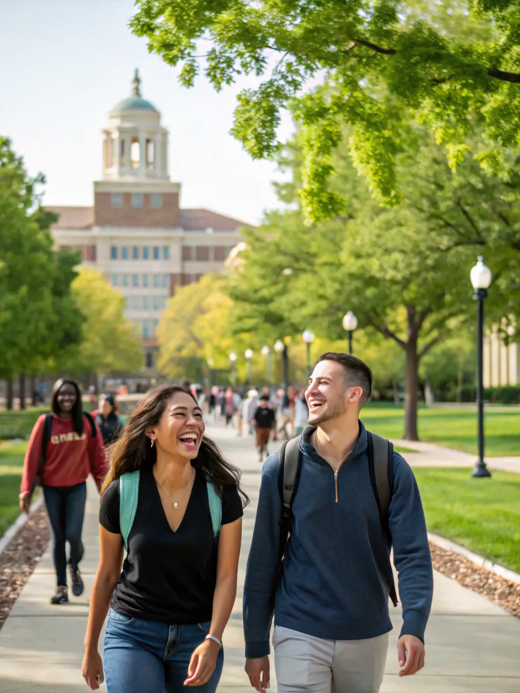 A diverse group of students touring a modern university campus in Madrid, engaging with faculty and exploring academic facilities, symbolizing future educational pathways.