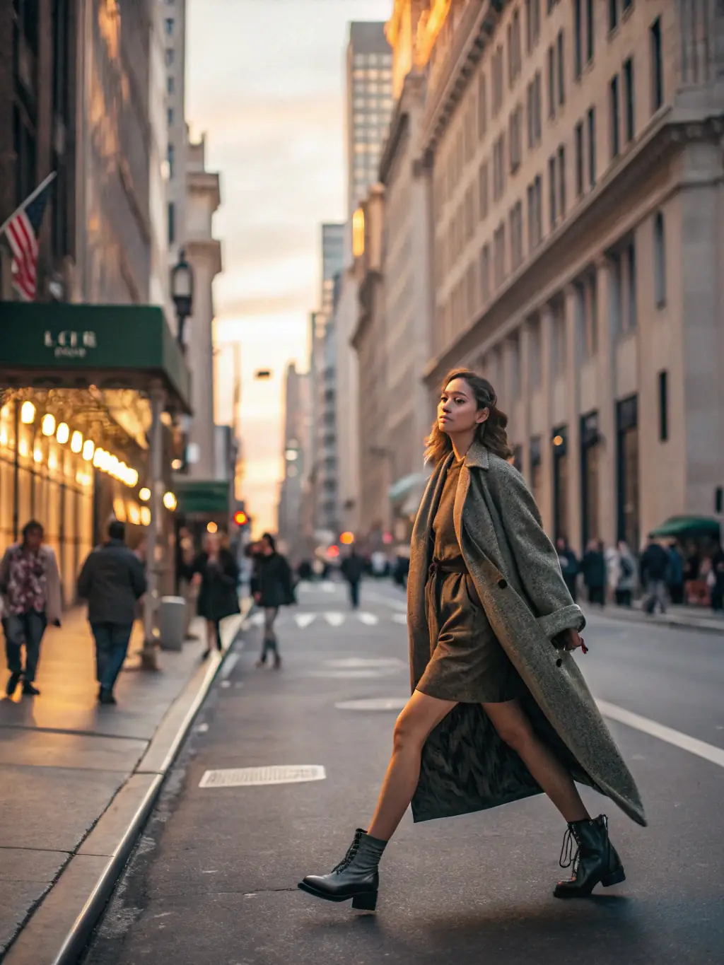A stylish young woman walking through a Madrid fashion district, surrounded by boutique storefronts and modern Spanish fashion, exuding confidence and creativity.