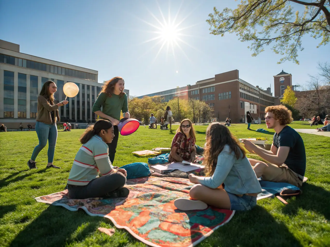 A dynamic scene of students participating in an outdoor leadership workshop, collaborating on a creative project, with a scenic campus and blue sky in the background, symbolizing personal growth and leadership development.