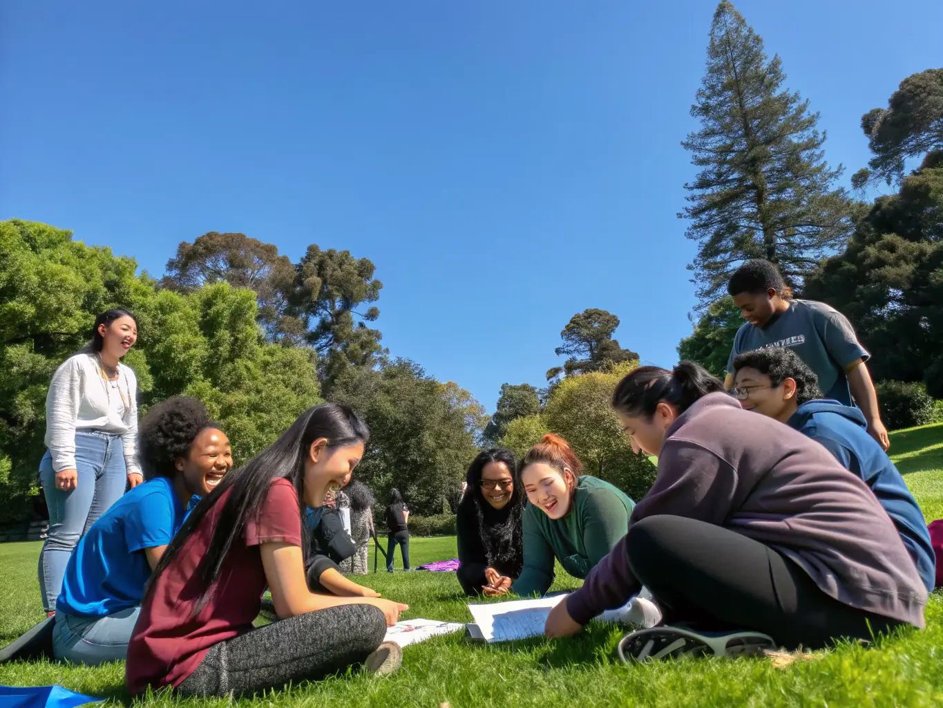 A group of motivated students participating in an outdoor leadership workshop, collaborating on a project, and celebrating achievements together under clear blue skies.
