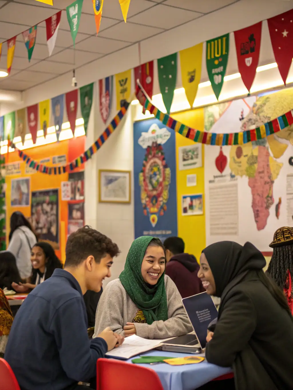 Students from different countries participating in a lively cultural exchange event, sharing traditional foods and wearing national costumes, set in a bright, welcoming community space.