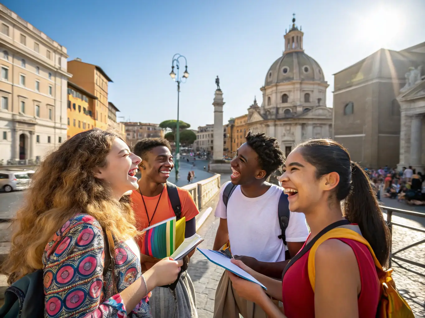 A lively scene of students exploring a historic Spanish city, engaging with local culture, and taking photos near famous landmarks, symbolizing cultural immersion and international experiences offered by Education Celintech.