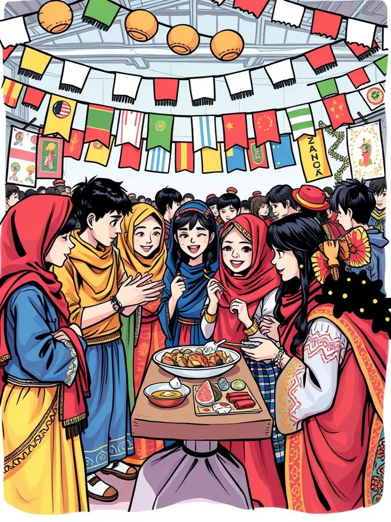 Students from different countries exchanging gifts and sharing traditional foods at a festive cultural event, with flags and decorations representing global unity.