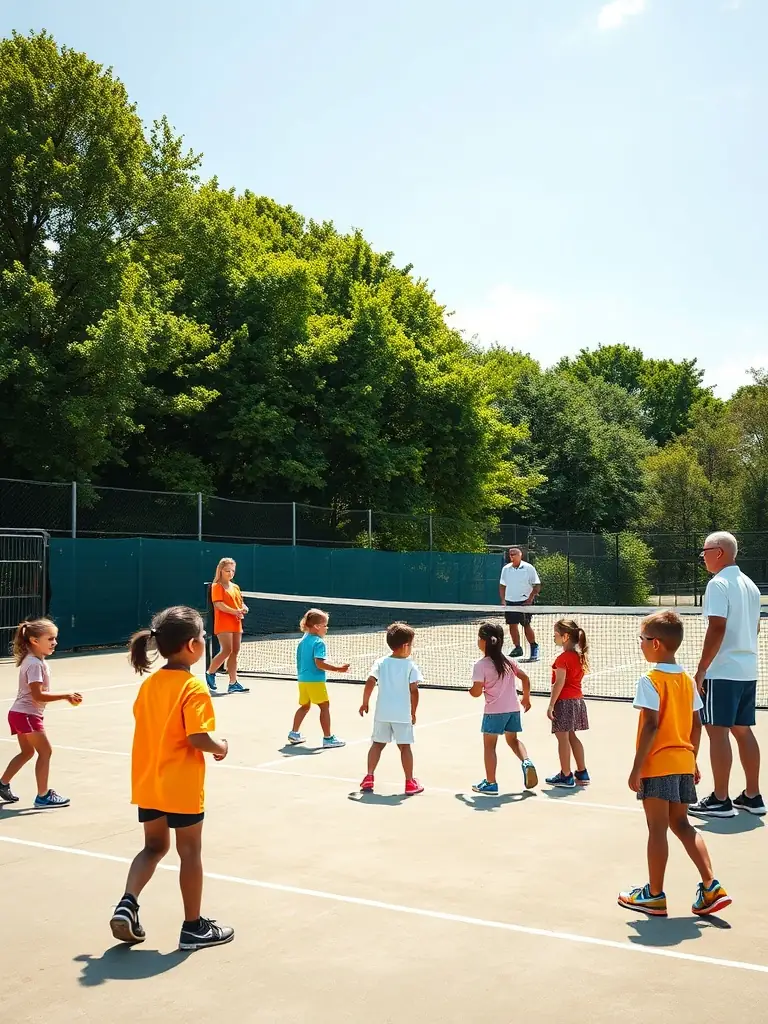 A dynamic scene of students training at a professional sports academy, including tennis, golf, and equestrian activities, with coaches and modern facilities under the Mediterranean sun.