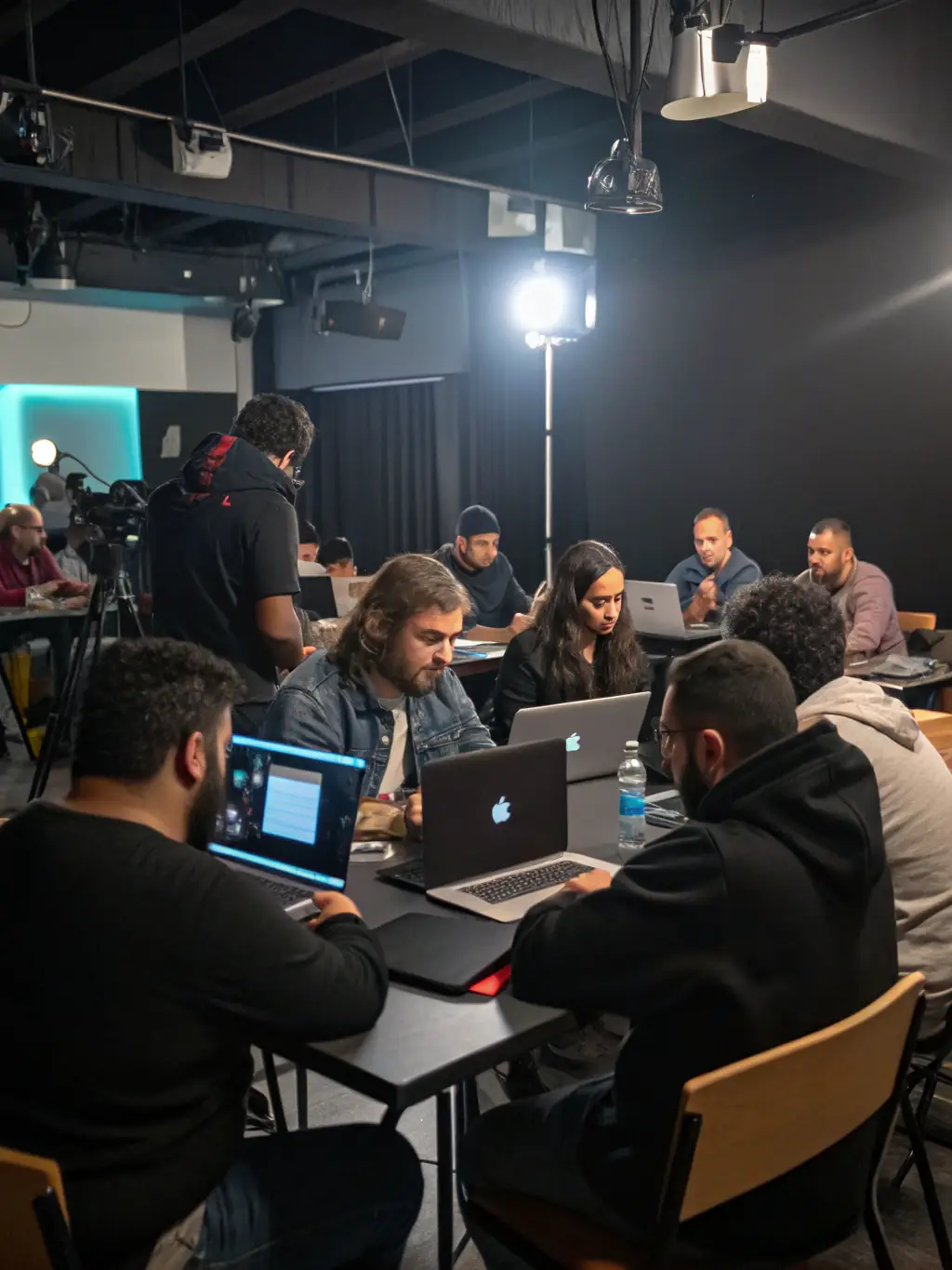 A dynamic leadership workshop in progress, with a diverse group of young adults engaged in teamwork exercises, modern conference room, and motivational materials visible.