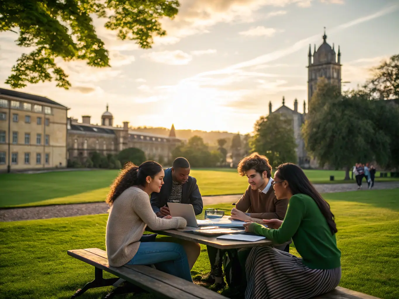 A dynamic scene of students painting, playing musical instruments, and practicing tennis on a lush campus, capturing the blend of arts and sports in a premium European setting.