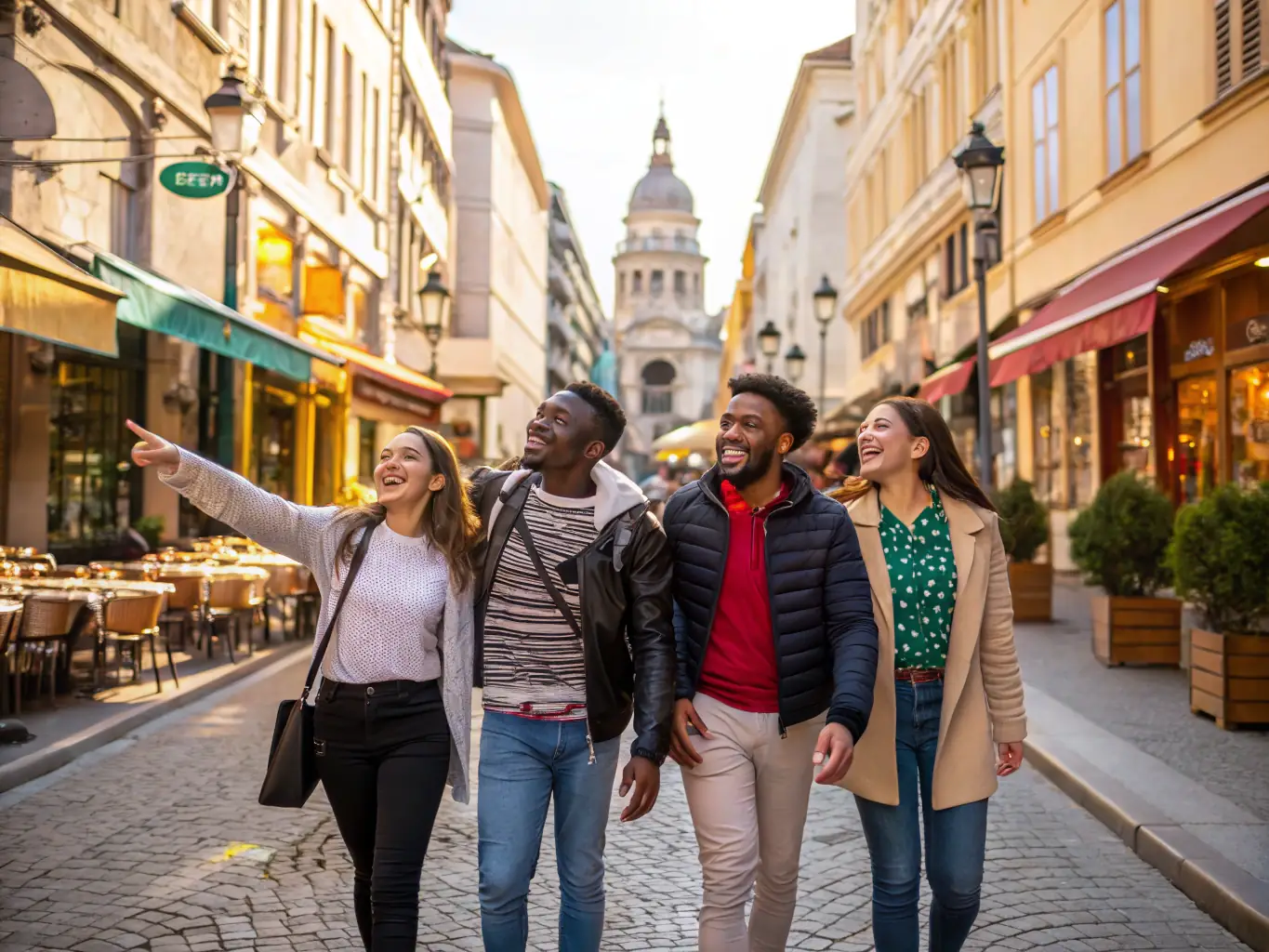 A group of diverse students laughing together while exploring a historic European city, with iconic architecture and vibrant street life in the background, representing cultural immersion and international friendships.