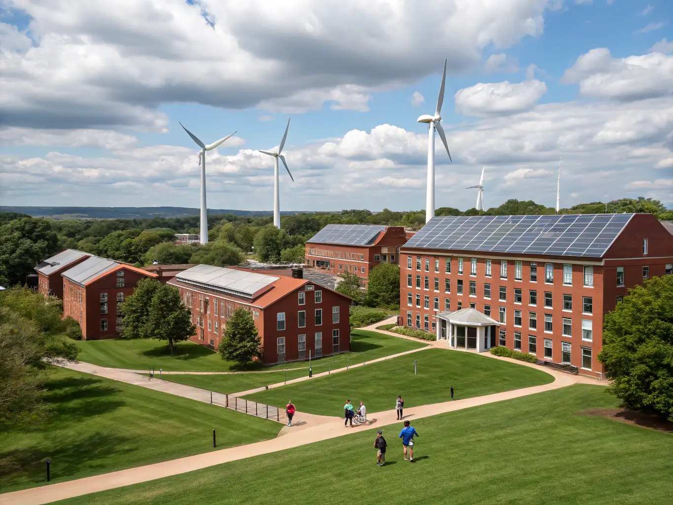 A modern European university campus with elegant architecture, lush green spaces, and students engaging in collaborative study outdoors, reflecting a premium and international academic environment.