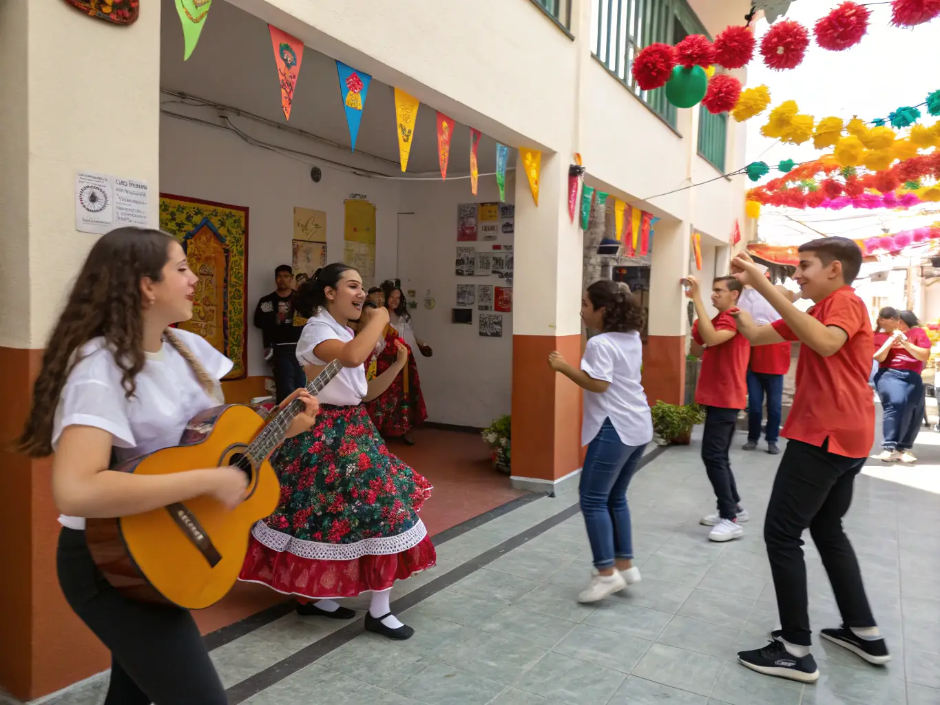 A diverse group of students engaging in a cultural exchange, sharing traditional foods, learning flamenco dance, and collaborating on an art project in a modern classroom.