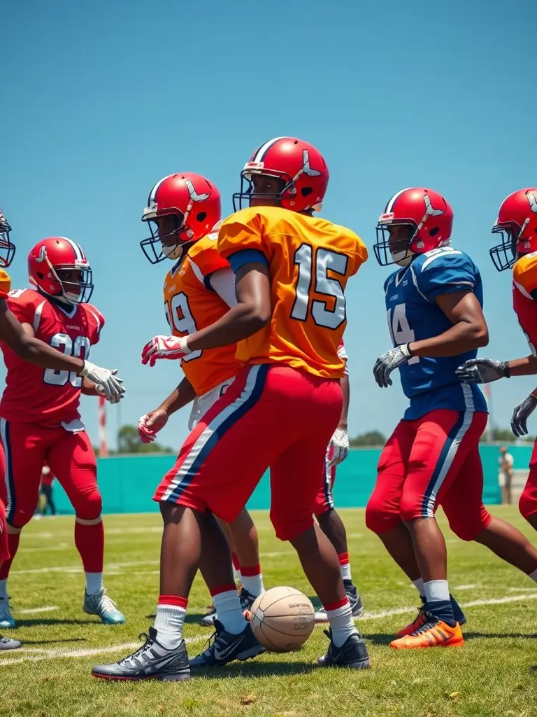 A spirited image of students in football kits practicing drills on a modern pitch, with a backdrop of Spanish cityscape and cheering teammates. The image is used to showcase football culture.