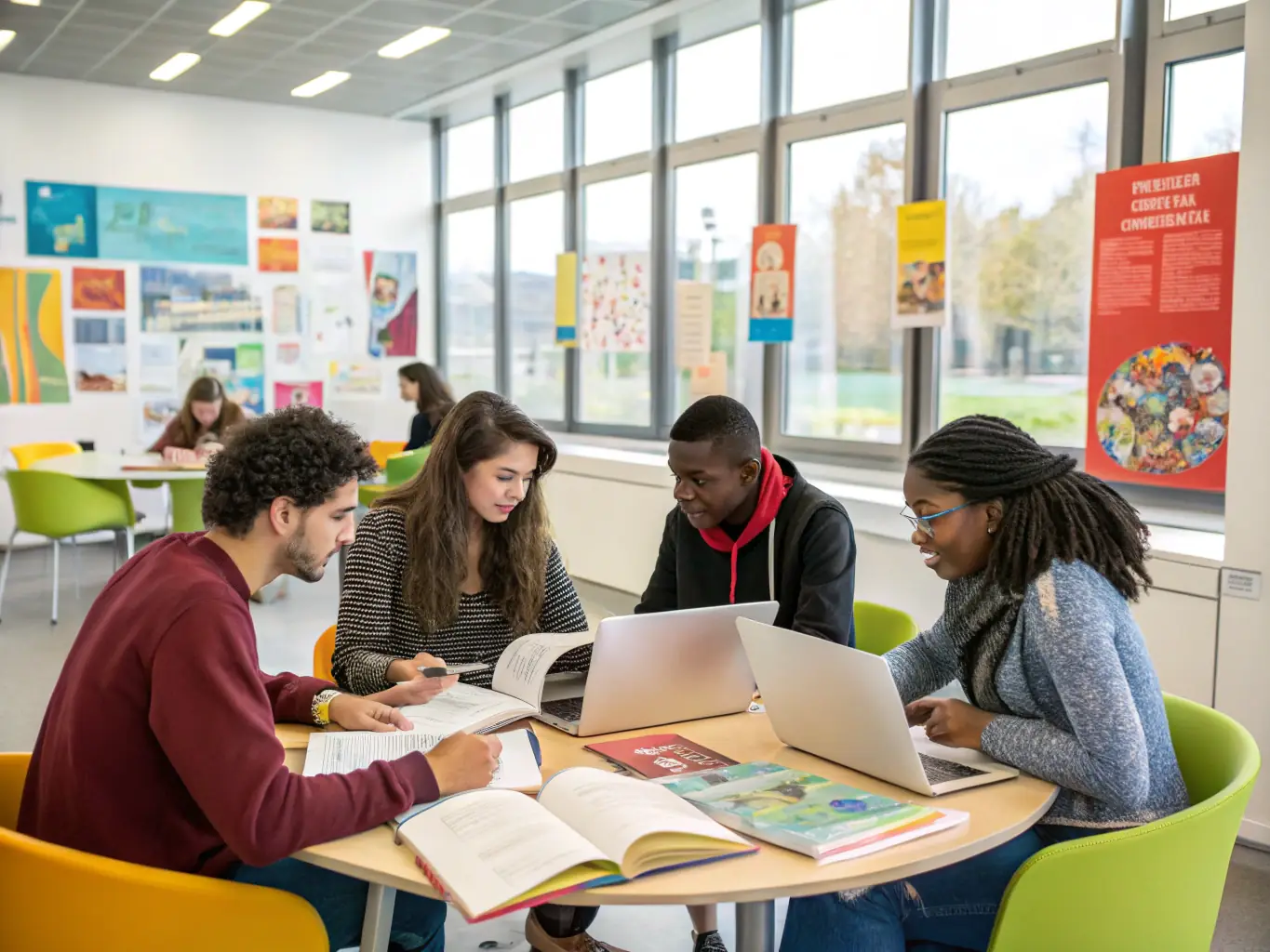 A group of diverse international students smiling and collaborating in a modern classroom with large windows, sunlight streaming in, and a European university campus visible outside, representing academic excellence and a premium learning environment.