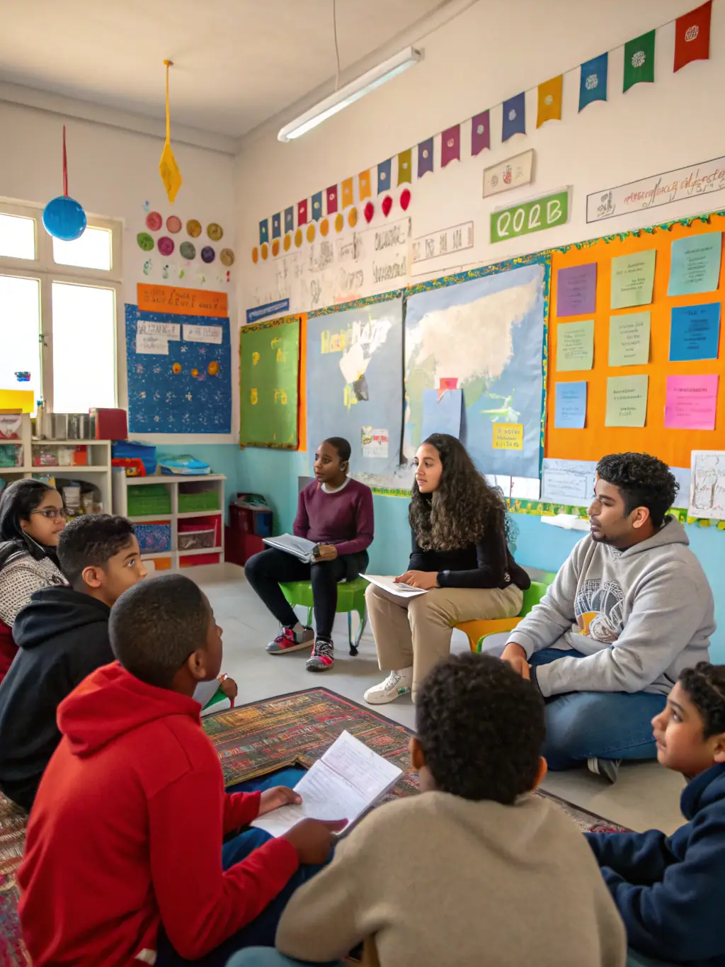 A dynamic classroom scene with students engaging in a cultural workshop, featuring Spanish art and music elements, in a modern, sunlit space.