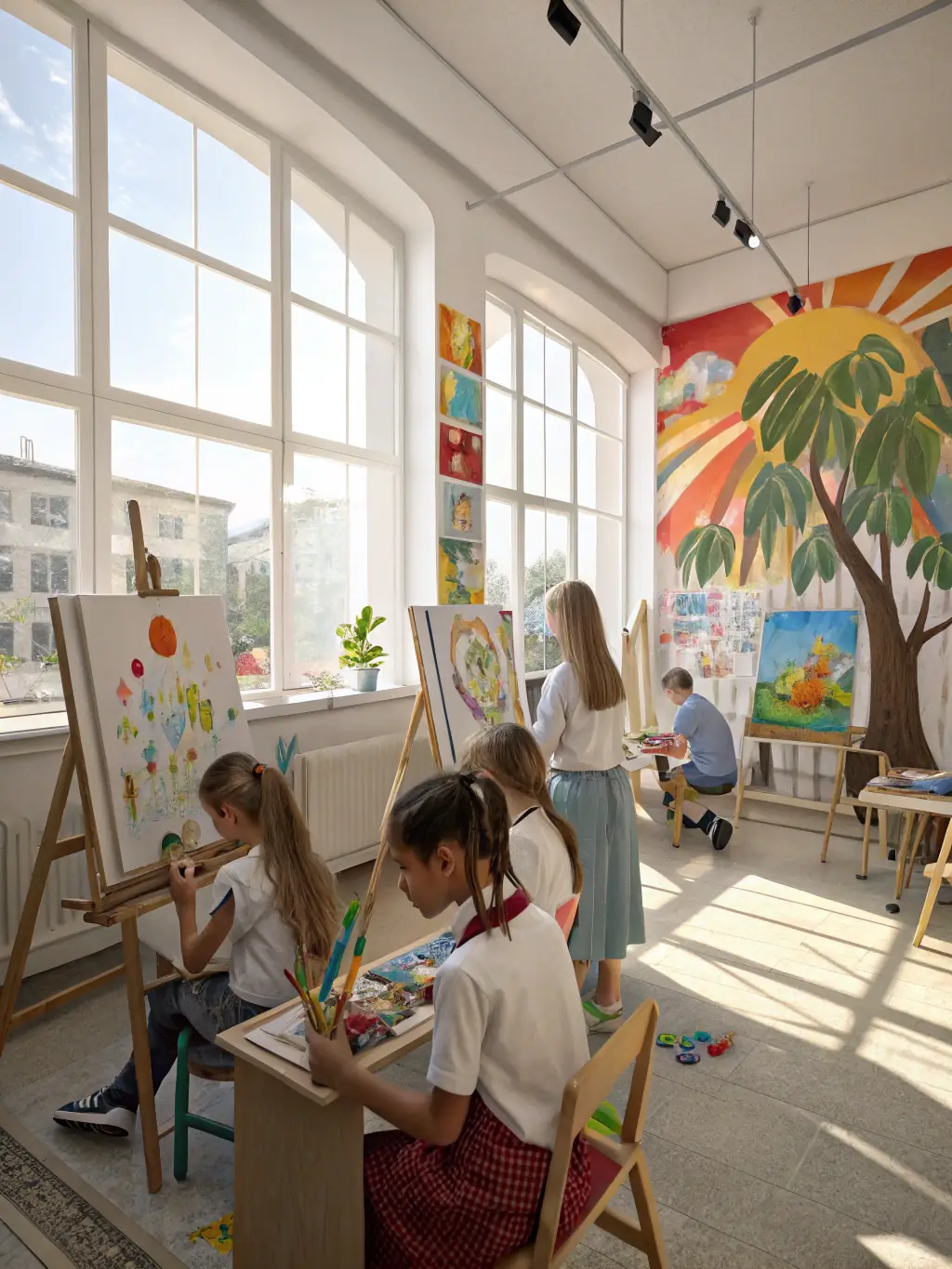 A young student confidently leading a creative workshop, surrounded by peers painting, playing music, and collaborating on art projects in a bright, modern studio.