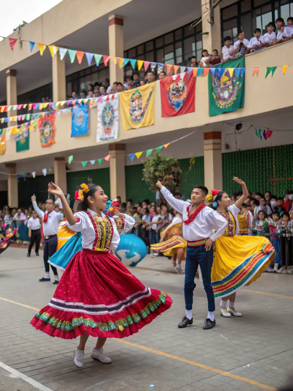 A diverse group of students participating in a traditional Spanish festival, wearing colorful attire and sharing cultural performances, symbolizing cultural exchange and global connection.