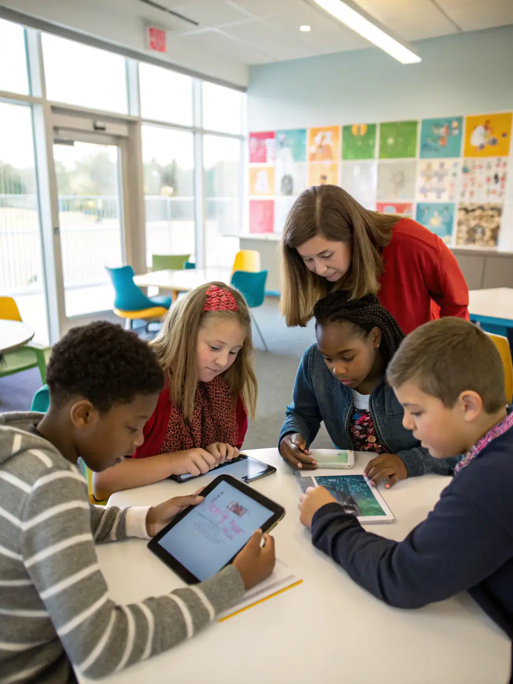 A modern classroom with students collaborating on digital tablets and laptops, a teacher guiding them, and futuristic icons representing technology and innovation in education.