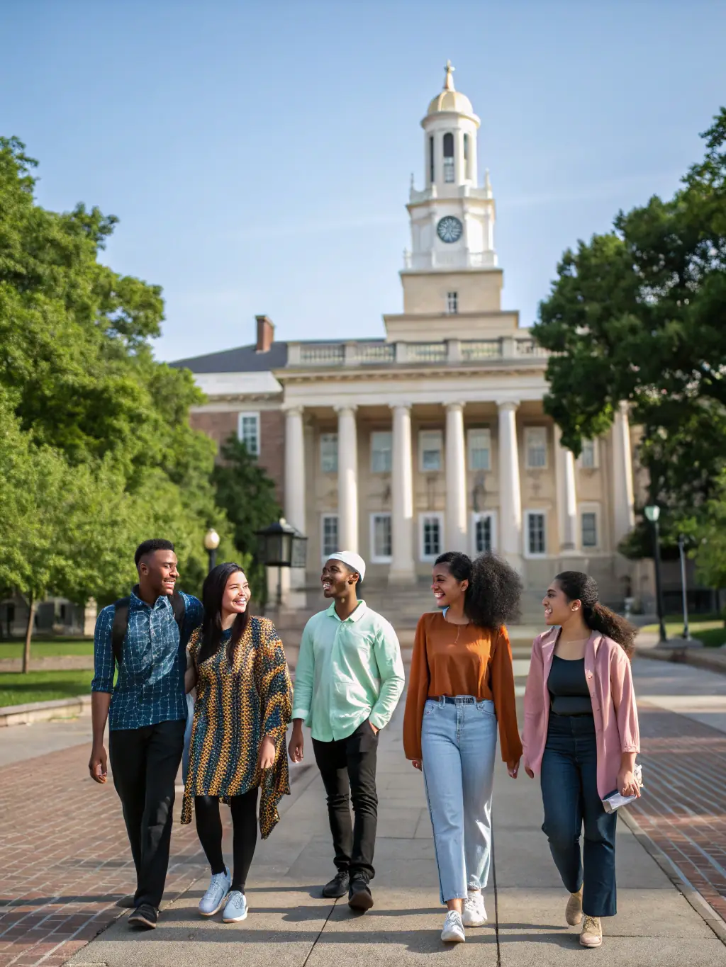 A vibrant group of international students smiling outdoors on a Spanish university campus in summer, with historic architecture and lush greenery in the background, representing an immersive summer program experience.