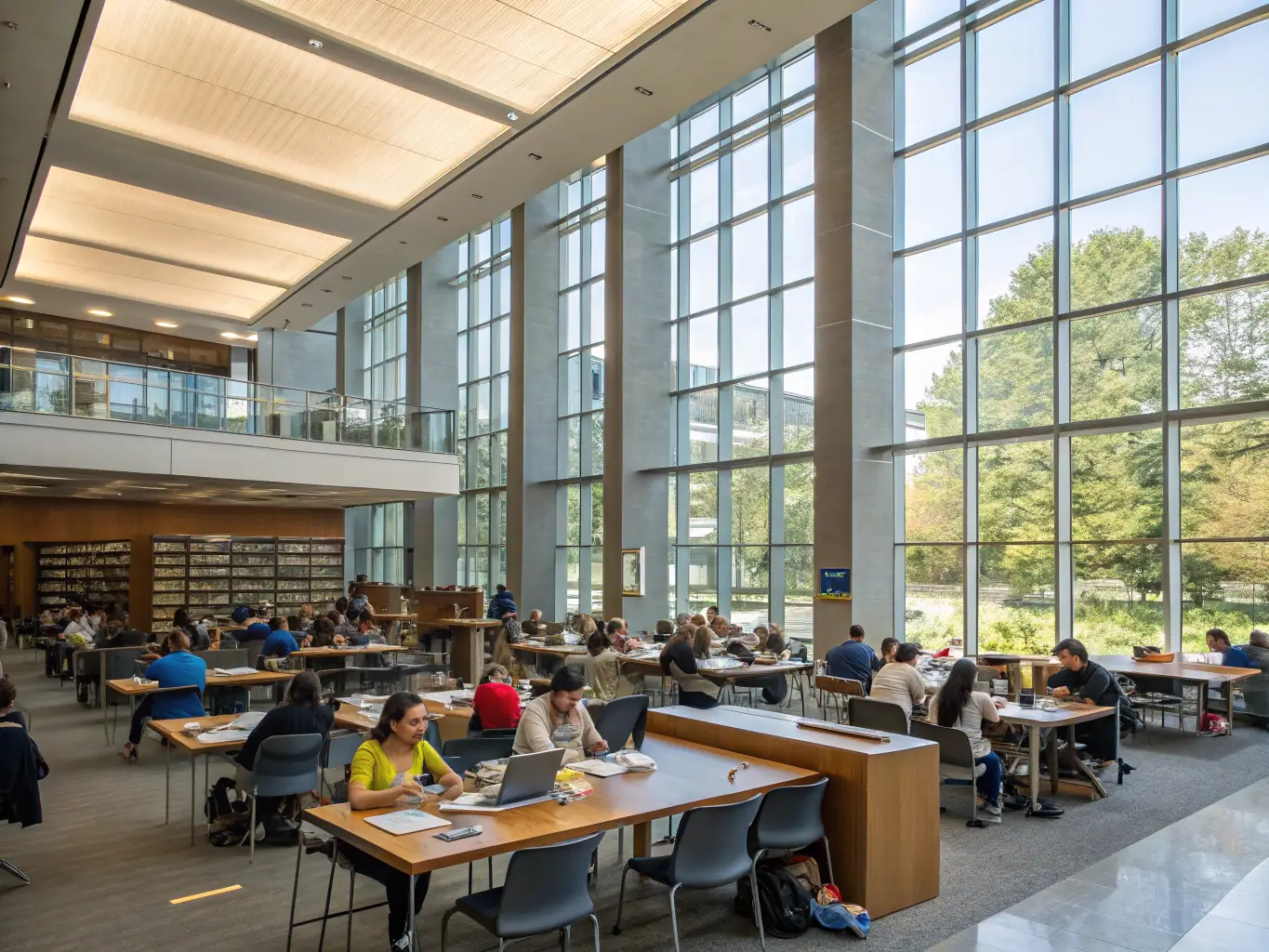 A state-of-the-art university library interior with natural light, comfortable study areas, and digital resources, showcasing advanced campus amenities and a welcoming atmosphere for students.