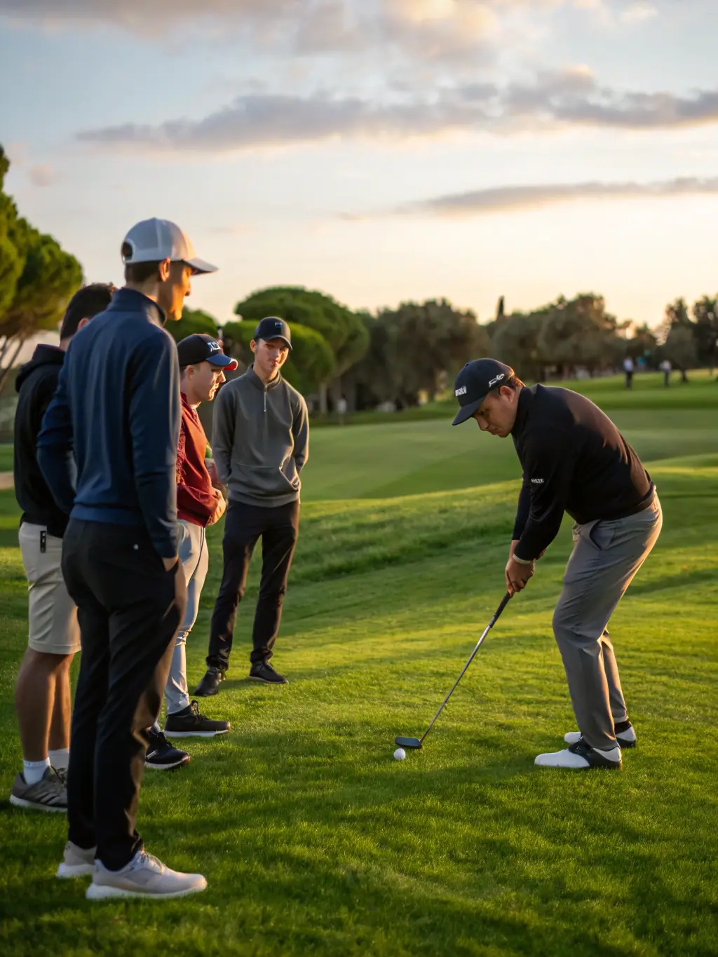 A vibrant scene of international students practicing their golf swings on a lush, sunlit Spanish golf course, with a professional instructor guiding them. The image is used to illustrate premium golf education experiences.