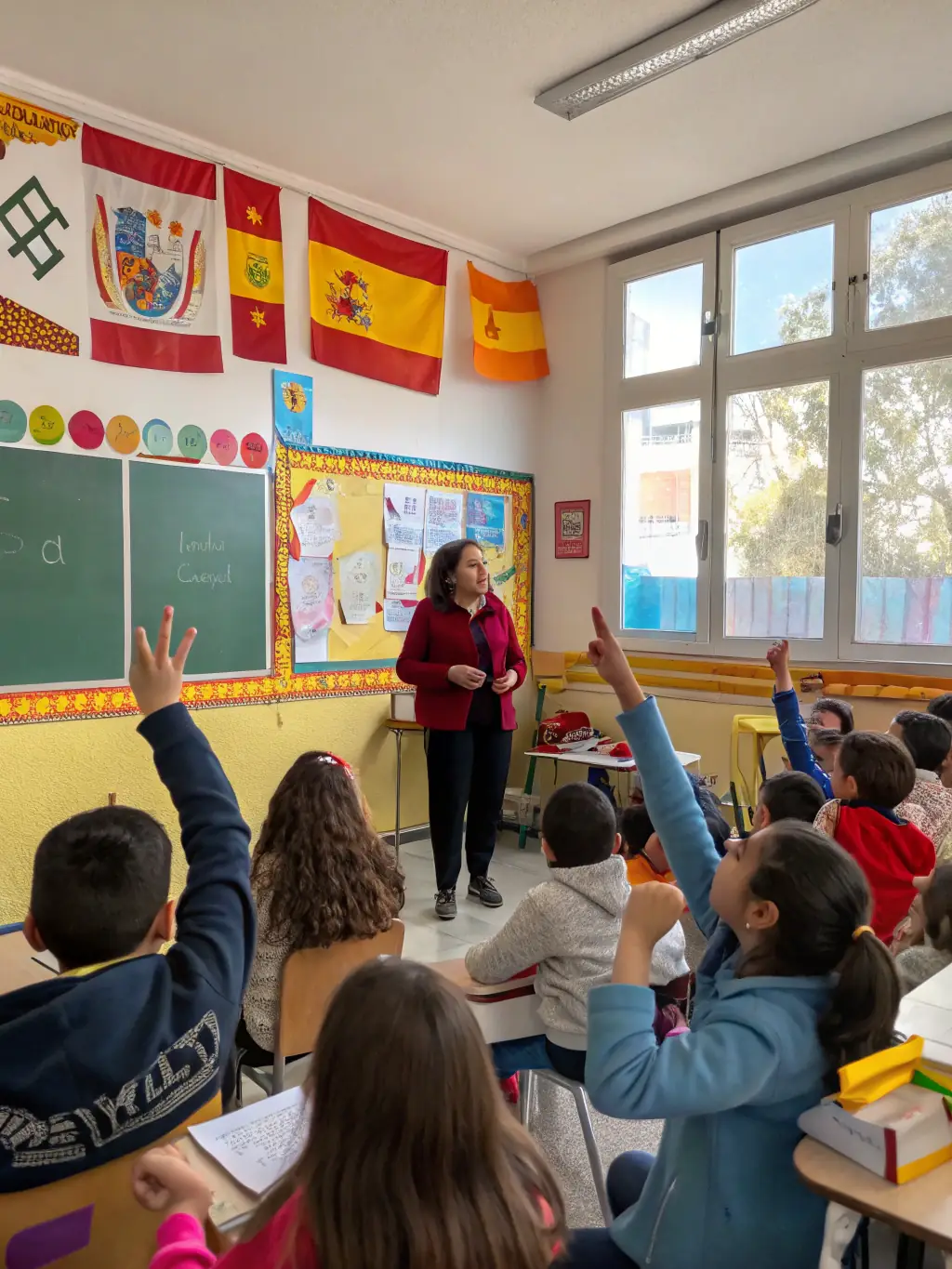 A cozy winter classroom scene with students from diverse backgrounds collaborating on a project, large windows showing a scenic Spanish city with festive lights and mild winter weather.