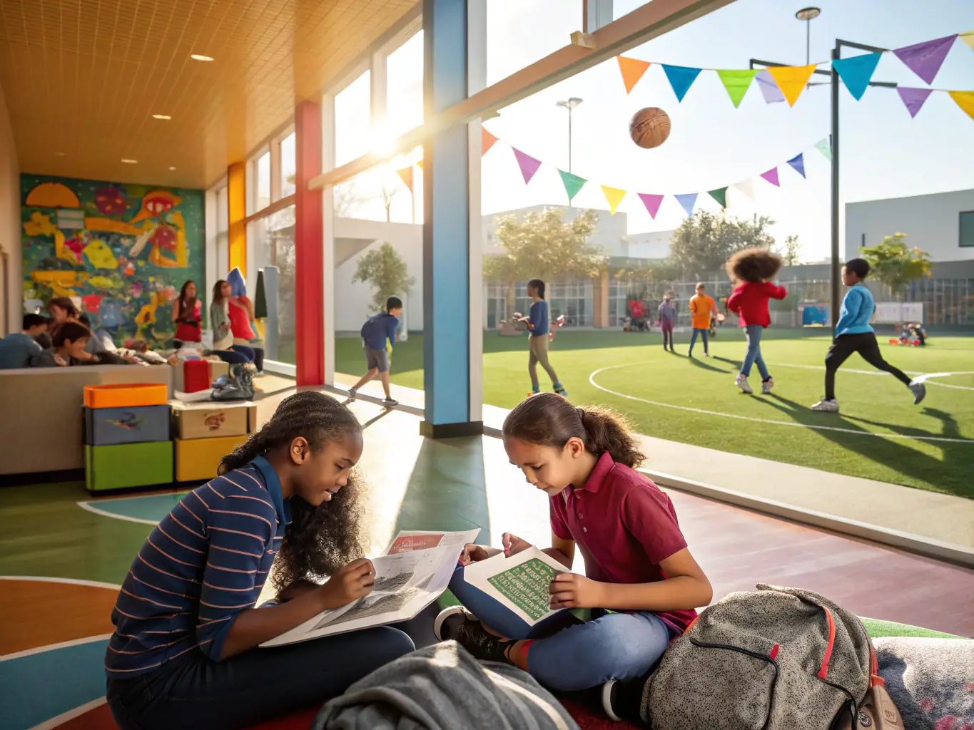 A vibrant photo of students engaged in music, arts, and sports activities—painting, playing instruments, and practicing tennis—set in a premium, sunlit European facility, reflecting holistic development and creativity.