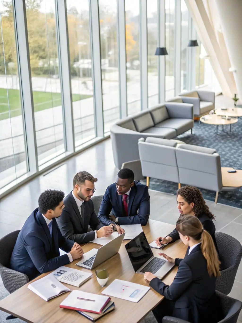Elegant partnership meeting between university representatives and Education Celintech staff, with gold and navy branding, in a sophisticated boardroom.