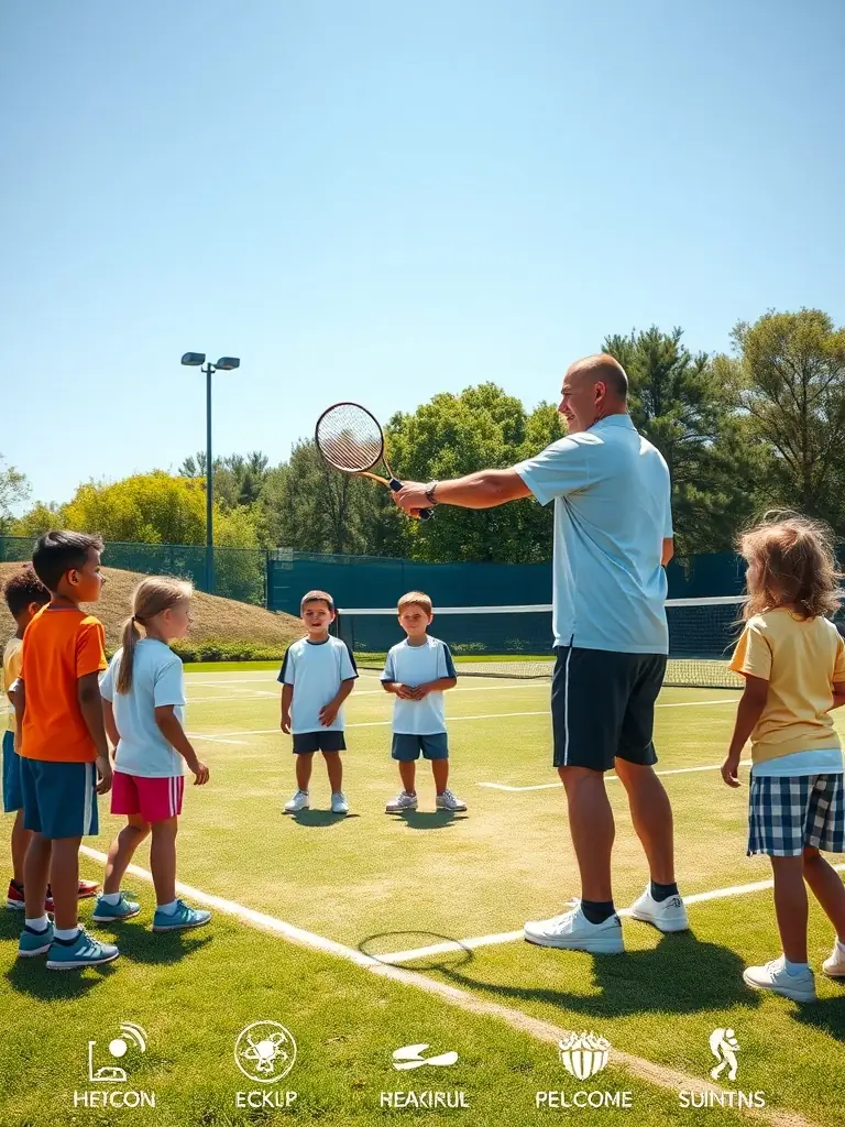 A lively photo of students playing tennis on a clay court, surrounded by Mediterranean greenery, with a coach providing personalized feedback. The image is used to represent tennis training opportunities.