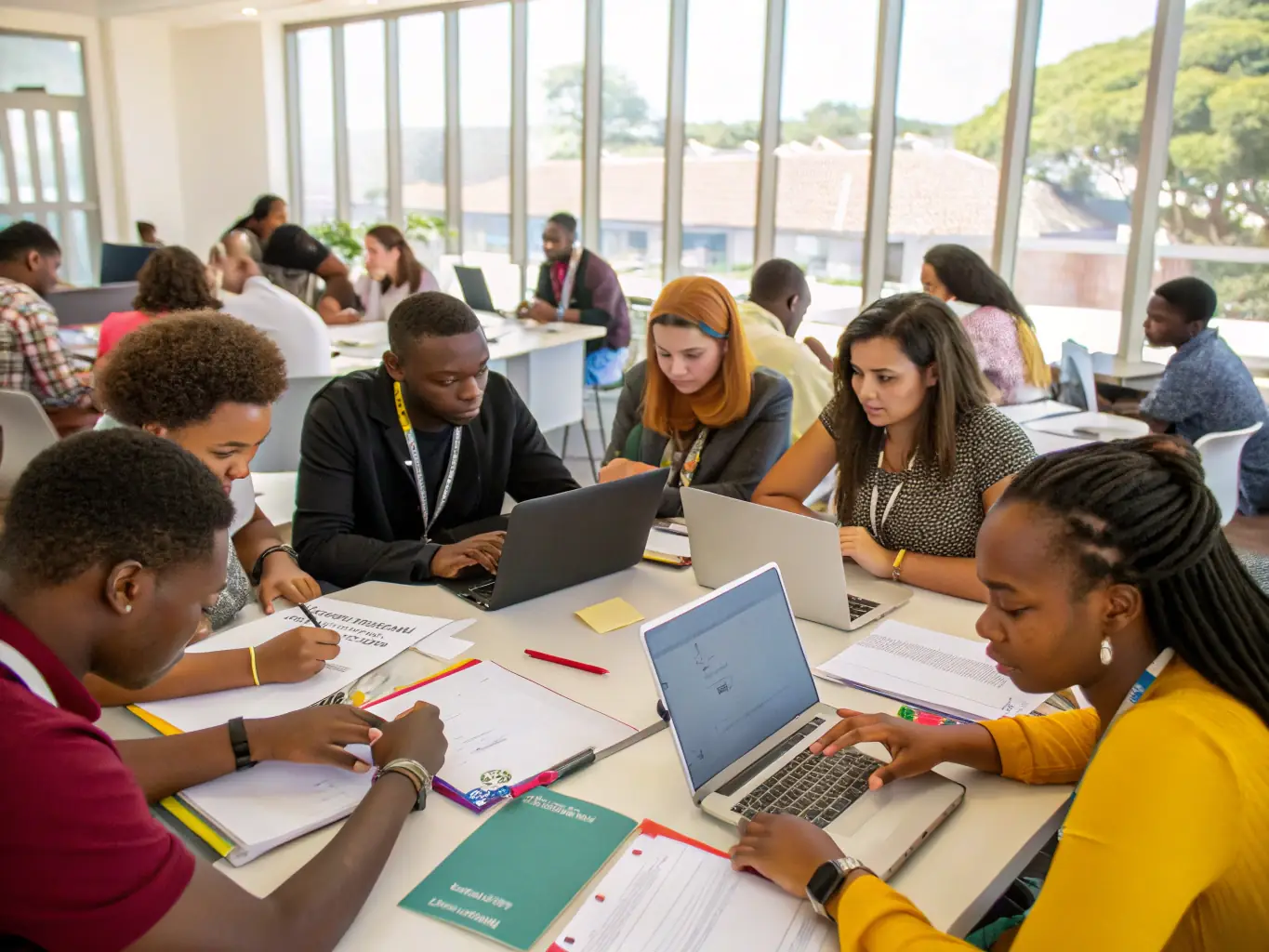 A panoramic view of students participating in a leadership workshop in a modern Spanish conference room, with large windows overlooking Madrid’s cityscape, used to highlight the Spain Future Leaders Experience.