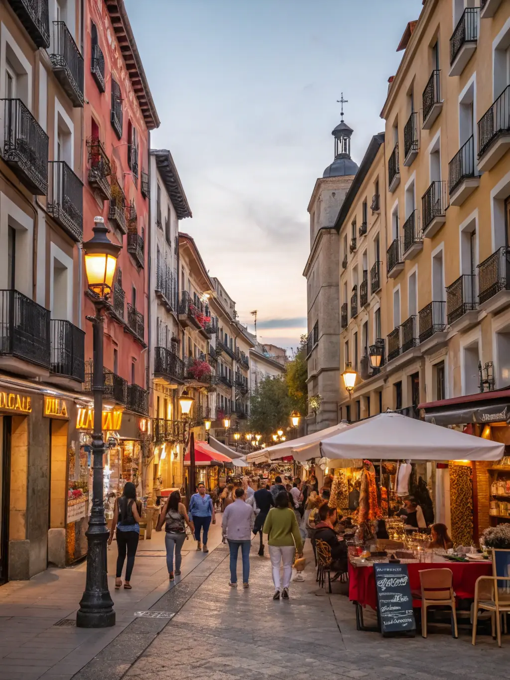 A vibrant Spanish street scene with students enjoying local cuisine, music, and art, surrounded by iconic Mediterranean architecture and festive decorations.