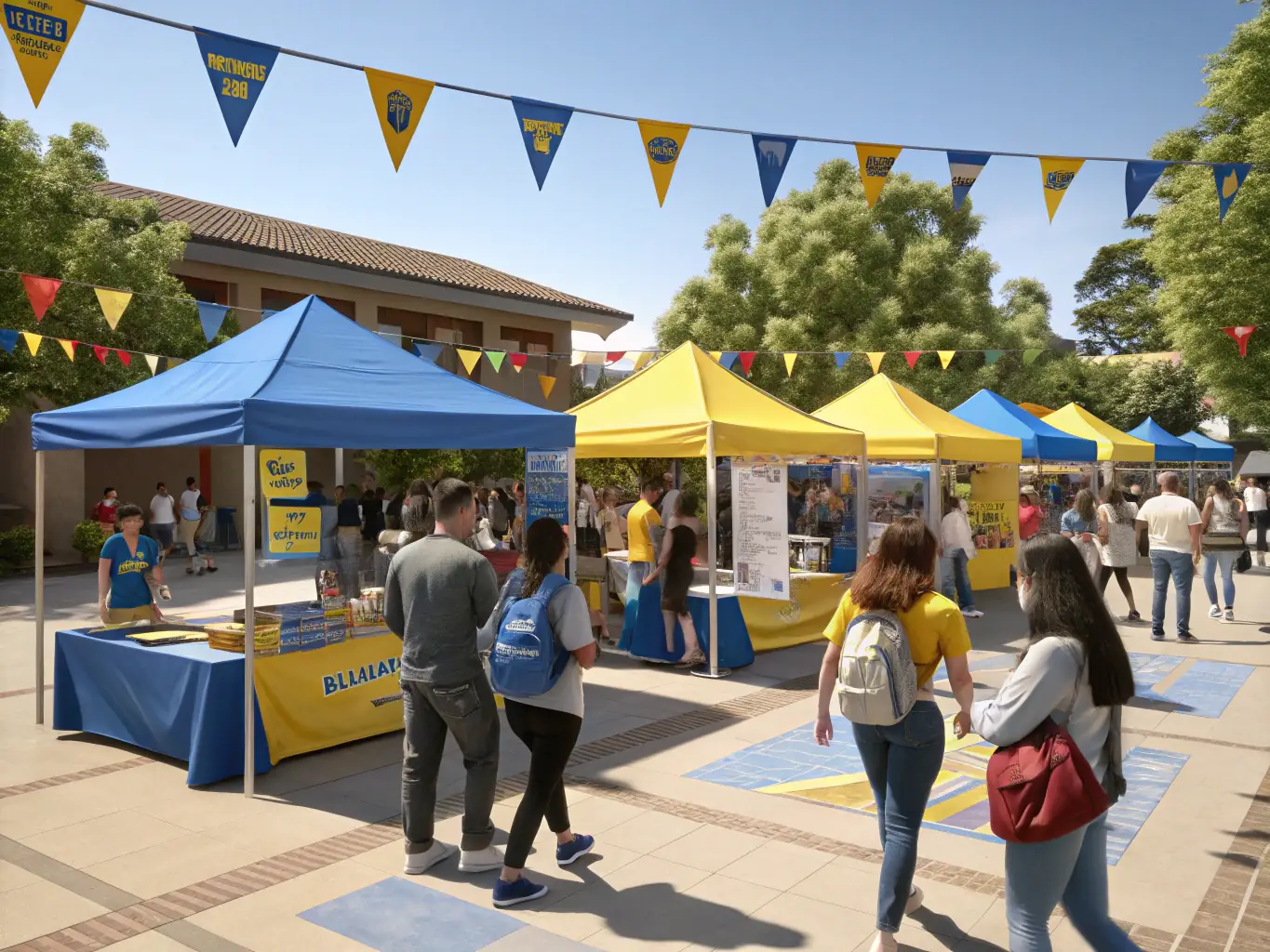 A diverse group of students participating in a university club fair, engaging in music, arts, and sports activities, symbolizing a vibrant extracurricular scene and international community.