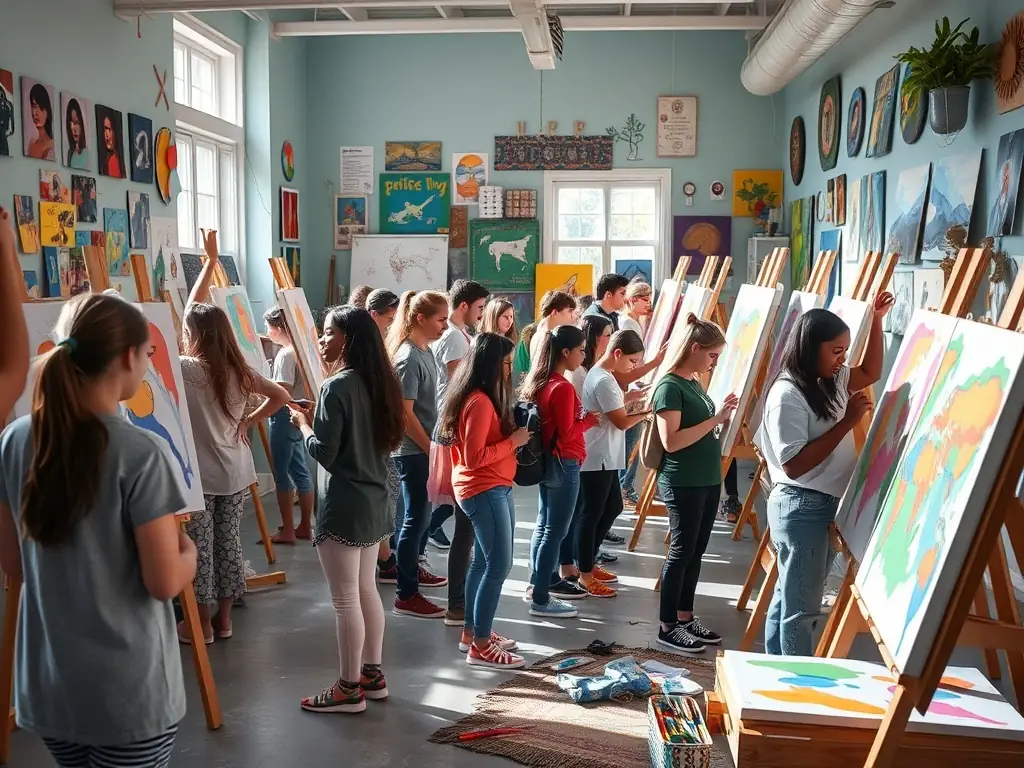 A creative scene of students painting in a bright, art-filled studio in Seville, with Spanish art pieces and colorful supplies, used to represent the Arts Experience program.