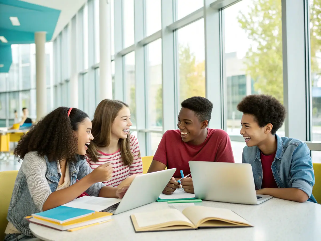 A joyful group of diverse students sharing a meal and laughing together on a Mediterranean terrace, symbolizing international friendships and cultural exchange fostered by Education Celintech.