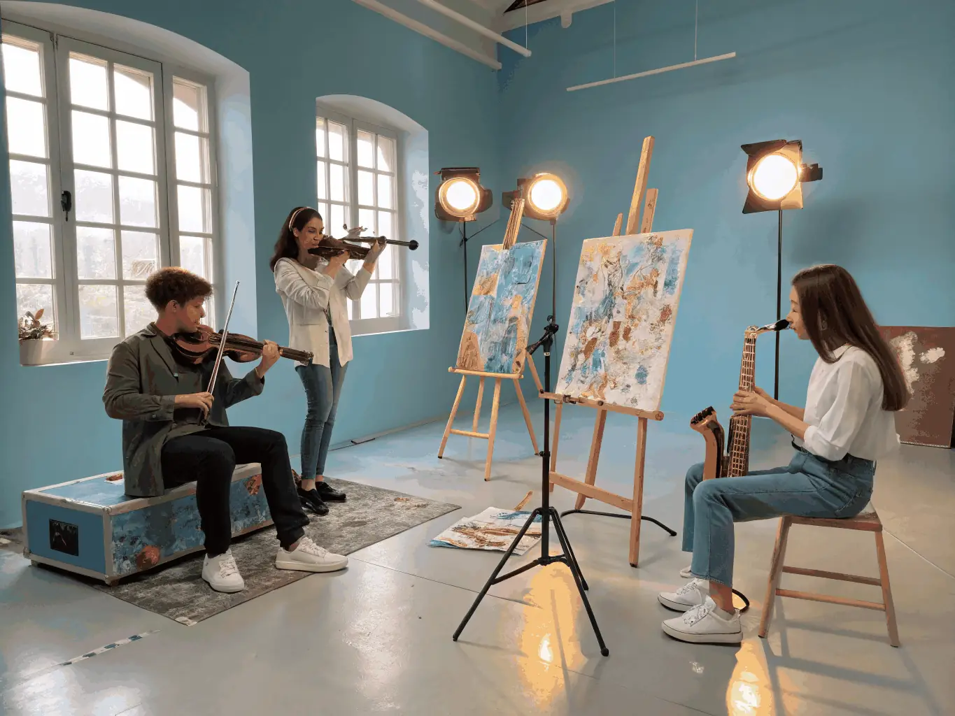 A dynamic scene of students participating in a music and arts workshop, with instruments, easels, and creative energy in a sunlit Barcelona studio, reflecting the artistic opportunities at Education Celintech.