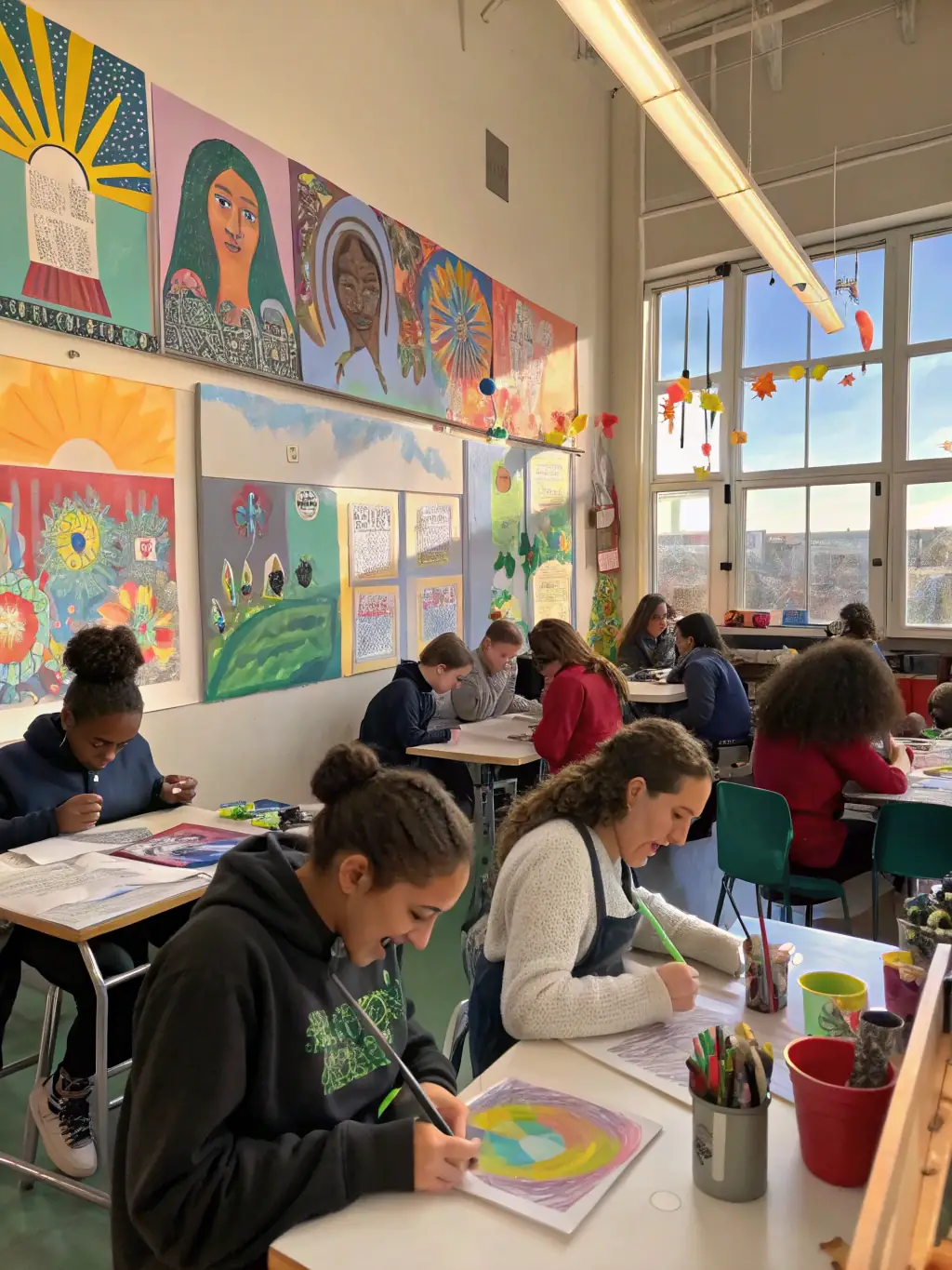 A bright art studio with students painting, playing musical instruments, and collaborating on creative projects, filled with natural light and artistic energy.