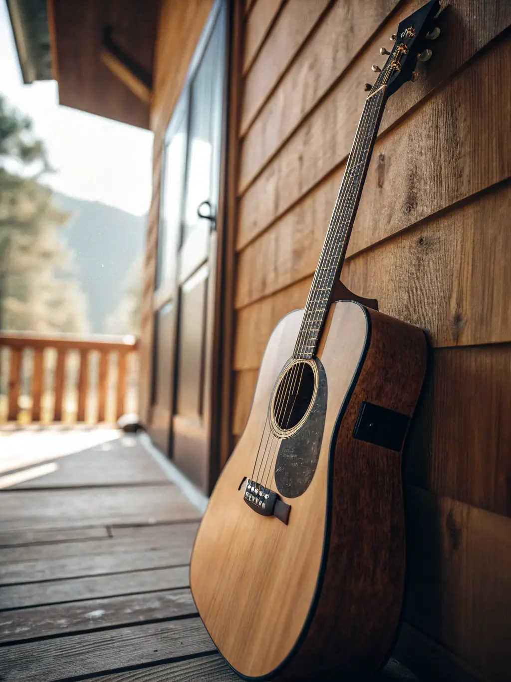 A close-up of a classical Spanish guitar resting on a wooden chair, with sheet music and warm sunlight streaming through a window, evoking the atmosphere of a music academy.