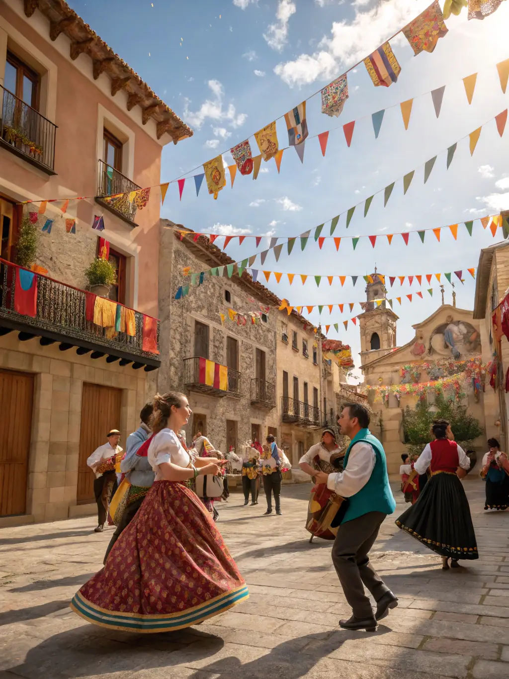 A diverse group of students participating in a traditional Spanish festival, wearing colorful attire, sharing food, and engaging in cultural performances, set in a picturesque town square.