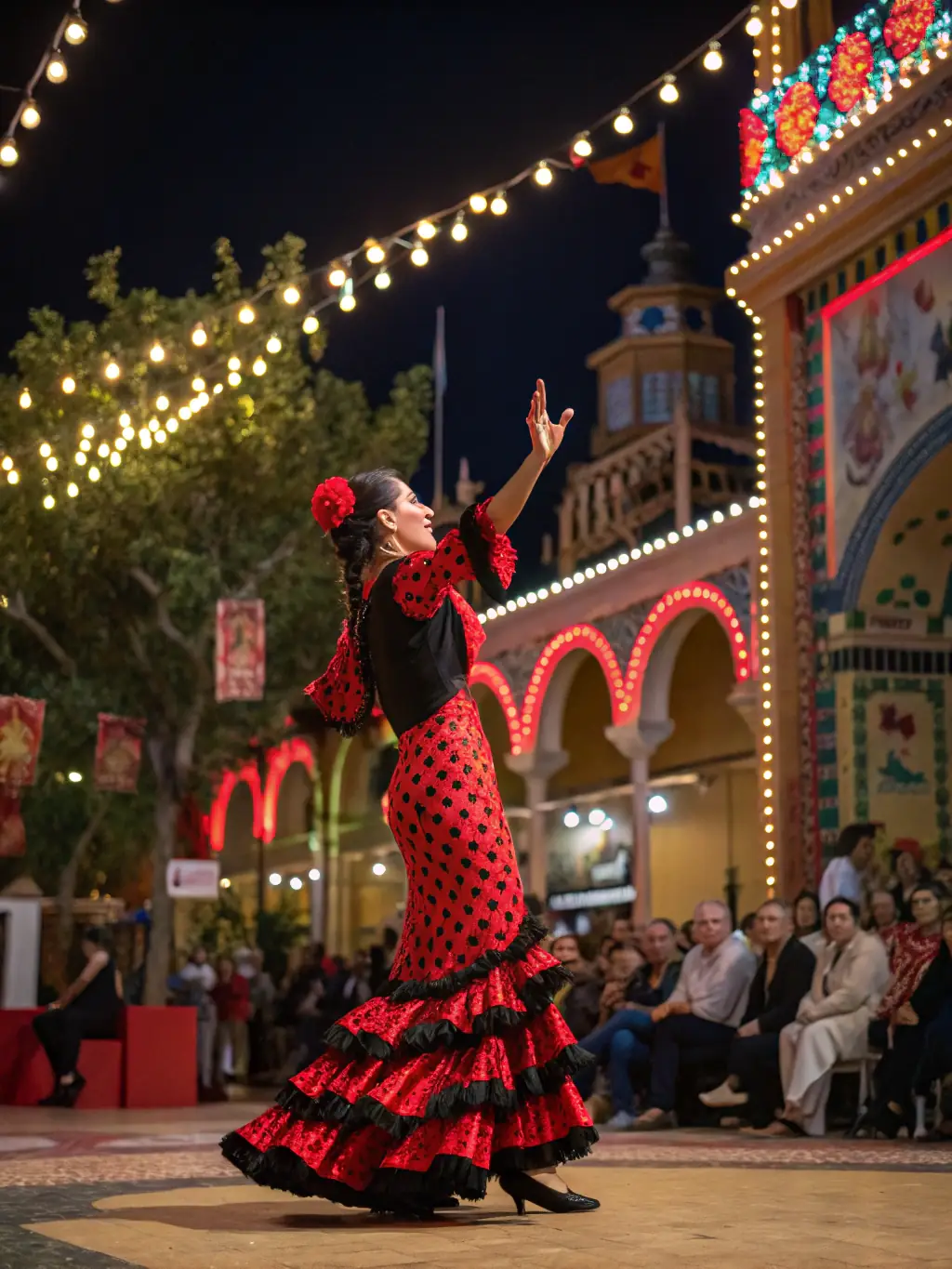 A vibrant scene of a flamenco dancer in a traditional red dress, mid-performance, with expressive movement and dramatic lighting, capturing the passion of Spanish dance for an educational website.