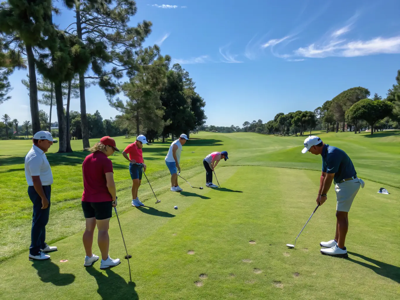 A vibrant image of young athletes practicing golf on a lush, sunlit Spanish golf course, surrounded by palm trees and elegant clubhouses, used to showcase the Golf Experience program.