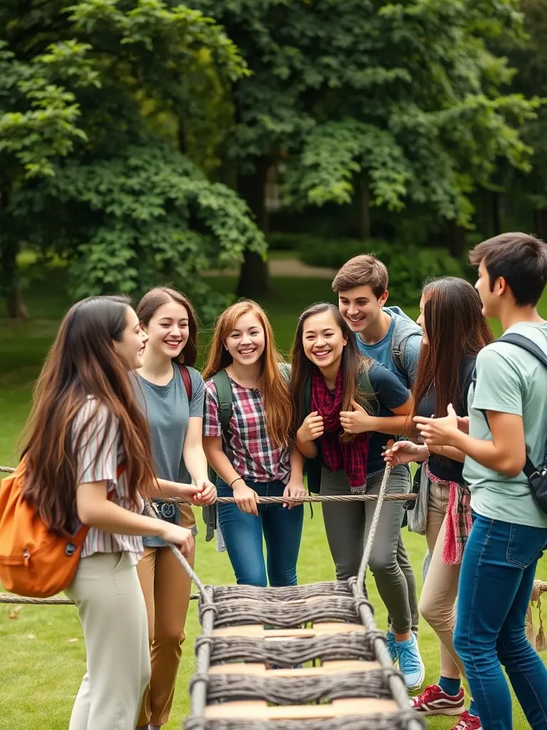 A vibrant group of international students participating in a summer workshop outdoors in Spain, with Mediterranean architecture and lush greenery in the background, conveying a sense of excitement and cultural immersion.
