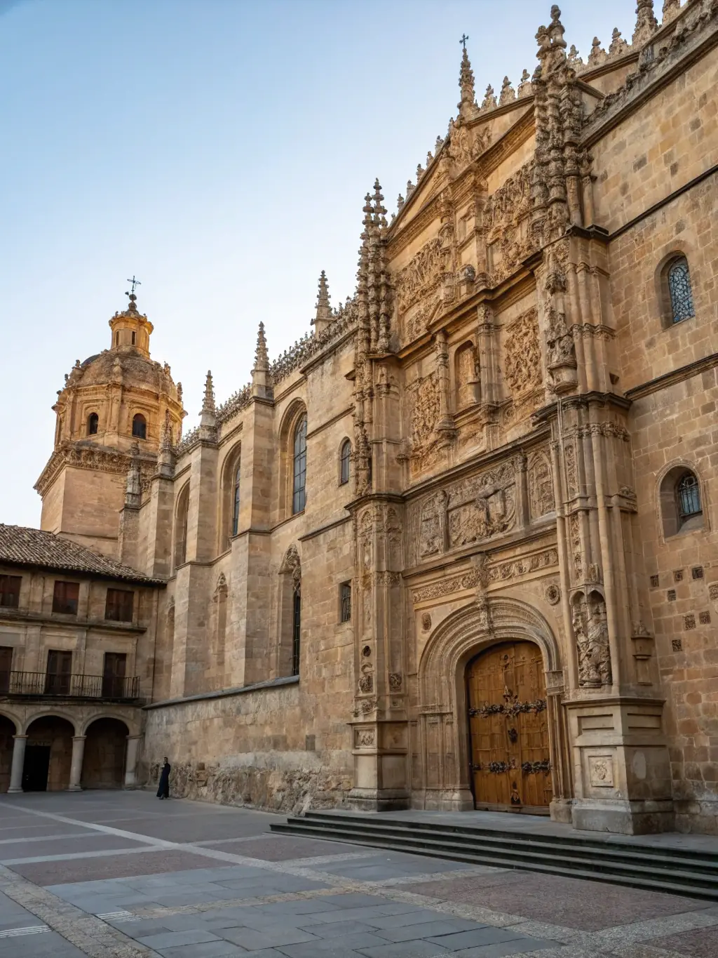 A vibrant street scene in the historic center of Salamanca, featuring the ornate sandstone façade of the University of Salamanca and students walking through the Plaza Mayor, for a premium education platform.