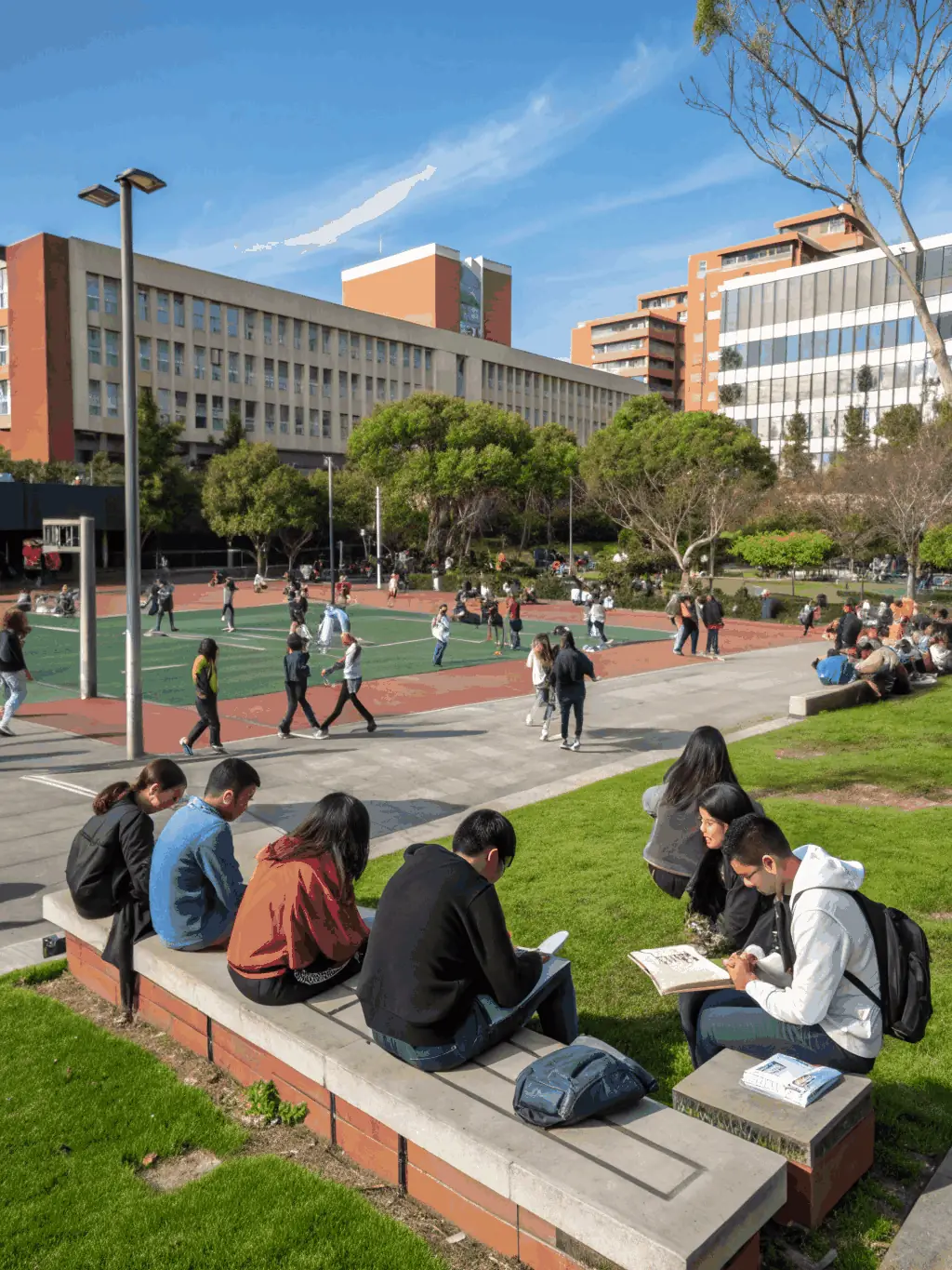 A lively group of international students enjoying outdoor activities on a Spanish university campus in summer, with historic architecture and lush gardens in the background, conveying a sense of academic adventure and cultural immersion.