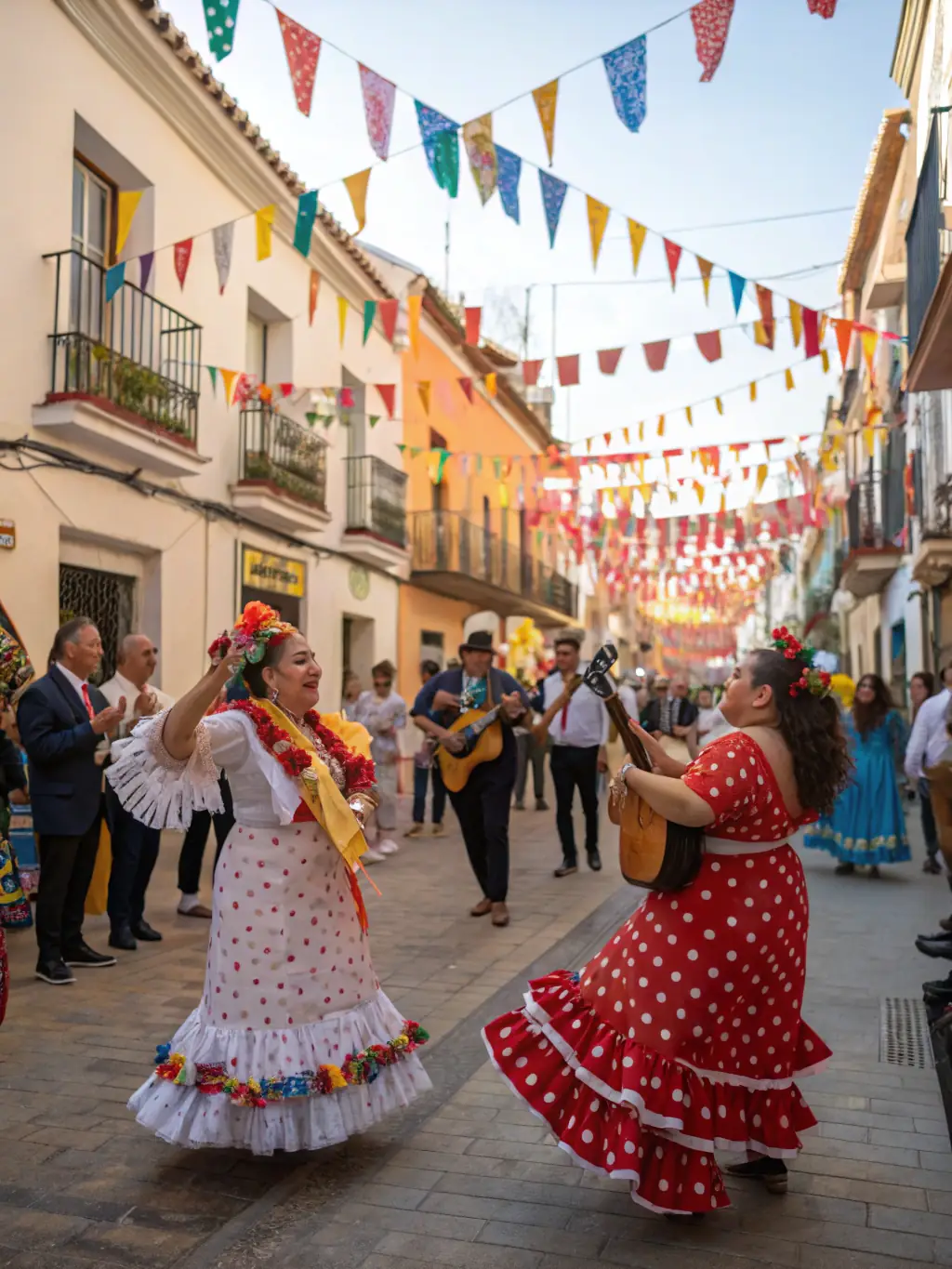 Students participating in a traditional Spanish festival, wearing colorful attire, sharing food, and engaging in cultural performances, with local landmarks in the background.