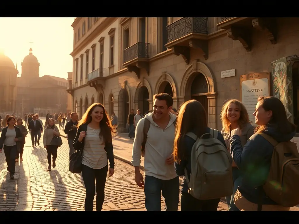 A vibrant group of international students exploring the historic streets of Seville, surrounded by iconic Spanish architecture and lively local culture, capturing the excitement of a heritage city tour for Education Celintech.