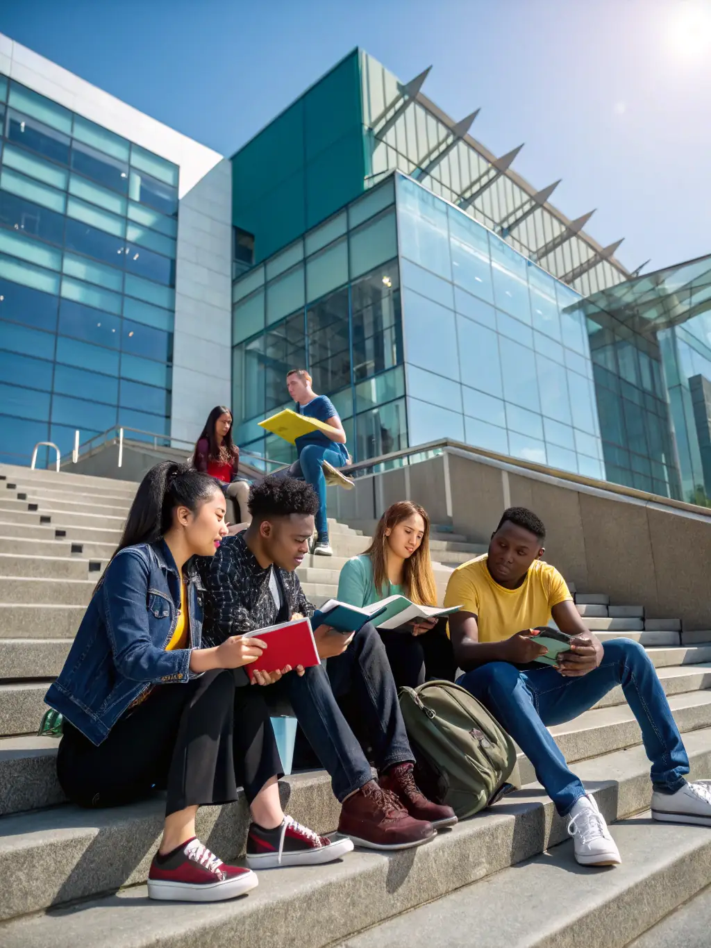 A diverse group of students attentively listening to a university professor during a campus tour, with modern lecture halls and university banners visible, symbolizing university visit opportunities.